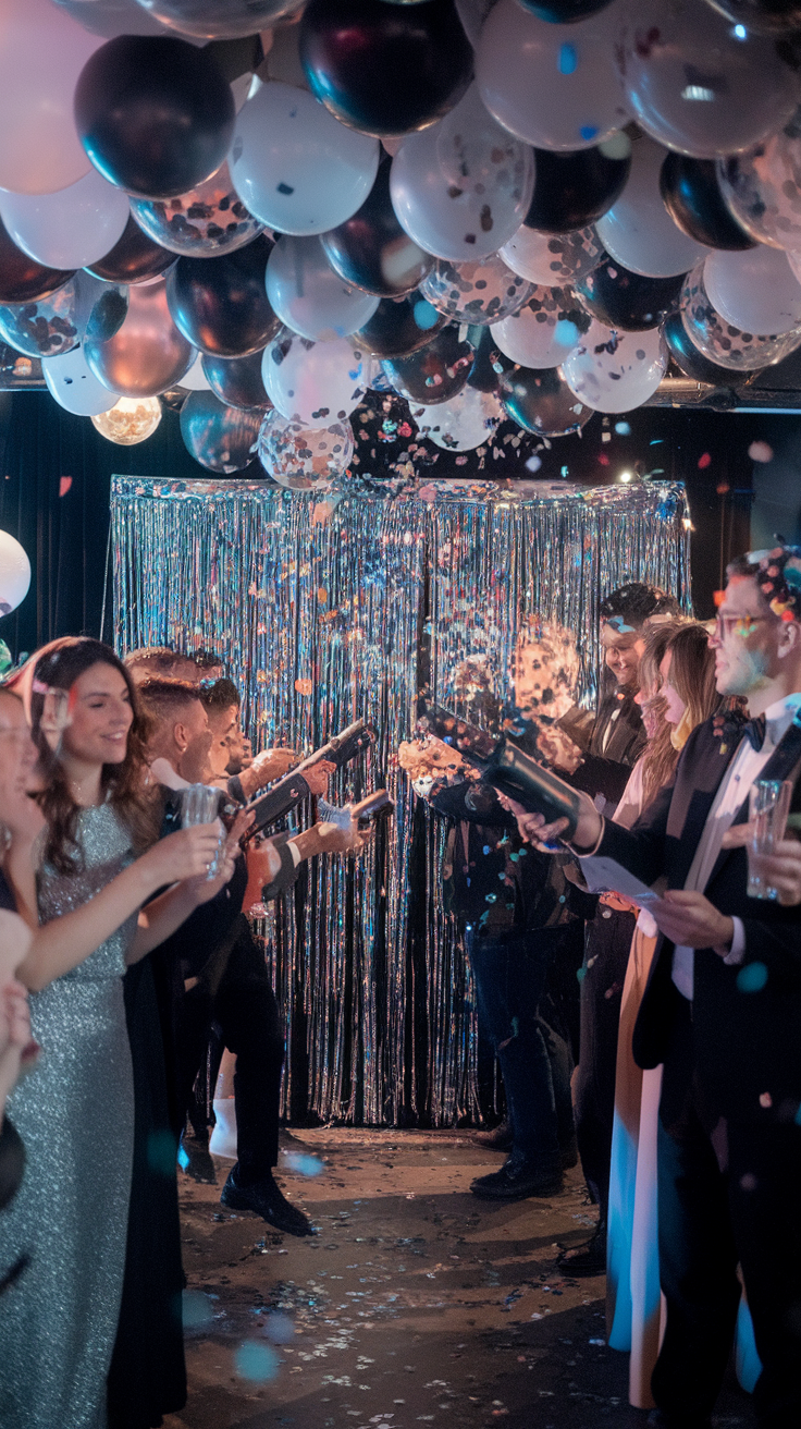 A festive celebration with people holding confetti poppers and colorful balloons in a lively atmosphere.