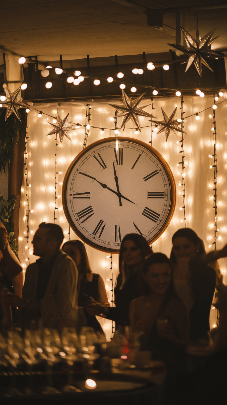 A group of people celebrating with raised hands in front of a clock and festive decorations.