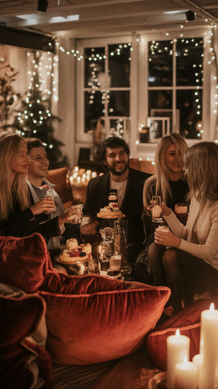 A group of friends enjoying drinks and desserts in a cozy, warmly lit space decorated with lights.