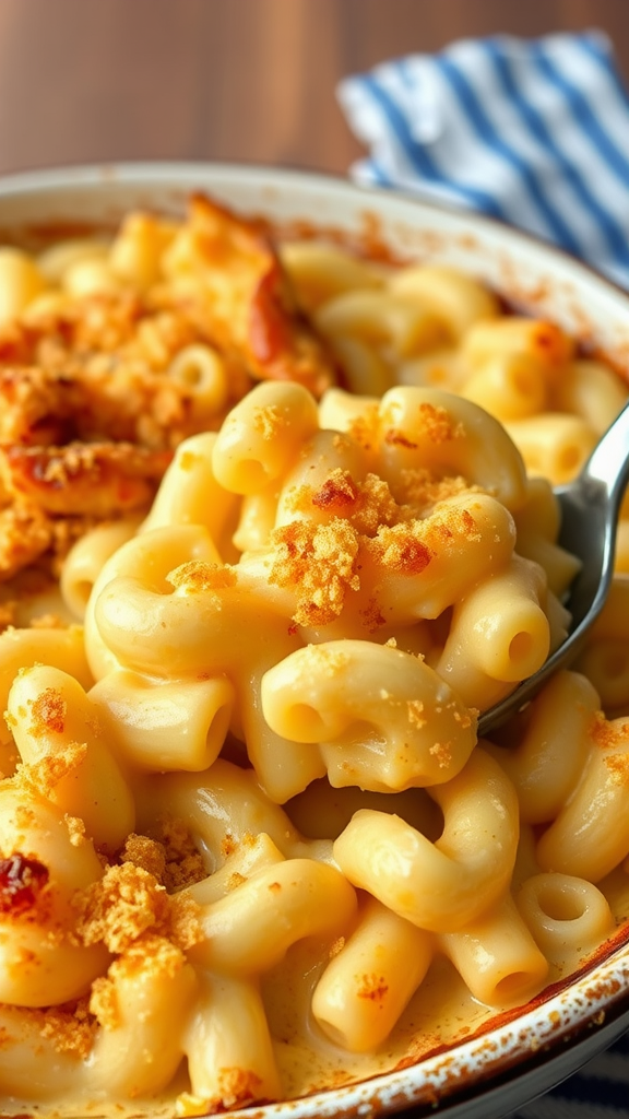 A close-up of creamy baked macaroni and cheese with a crispy topping.