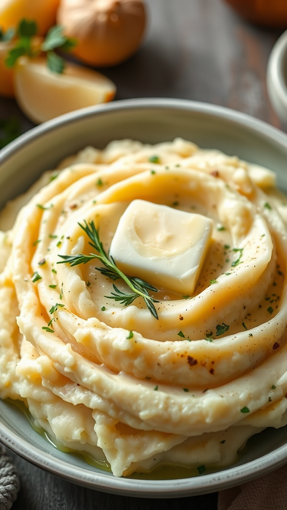 A bowl of creamy garlic mashed potatoes topped with butter and herbs.