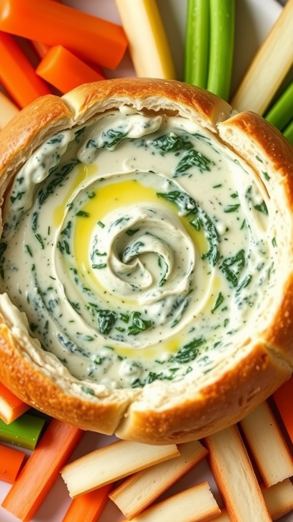 A delicious creamy spinach artichoke dip served in a bread bowl with colorful vegetable sticks around it.