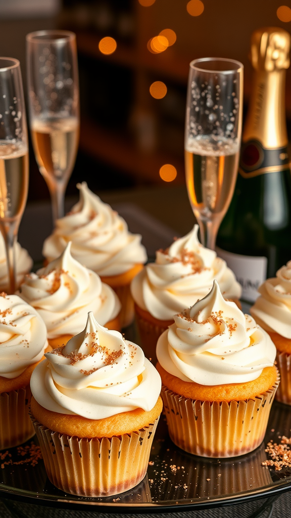 Plate of champagne cupcakes with frosting and sparkling champagne glasses in the background