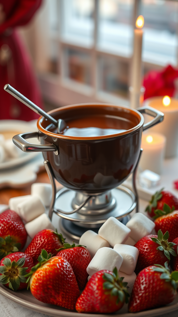 A cozy chocolate fondue setup with strawberries and marshmallows