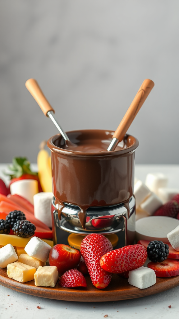 A plate with chocolate fondue and various dipping items like fruits and marshmallows.