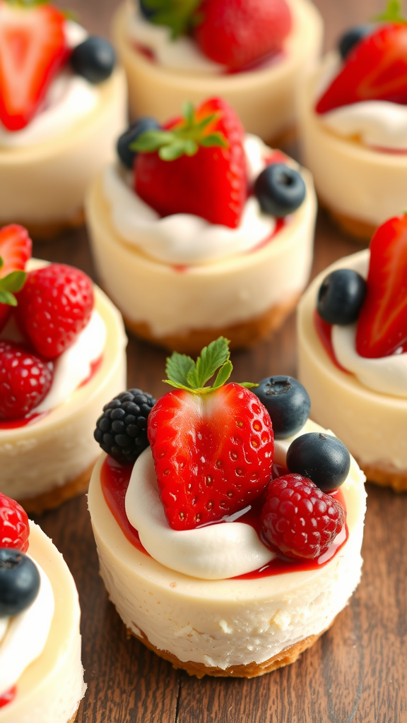 Mini cheesecakes topped with strawberries, blueberries, and raspberries on a wooden table.