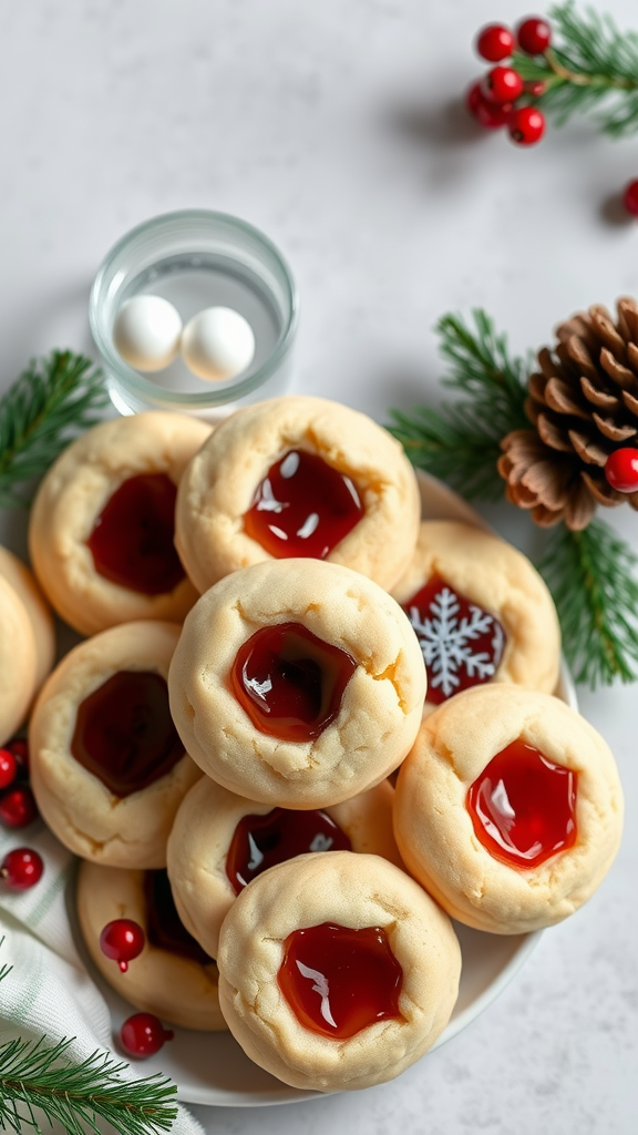 A plate of Eggnog Thumbprint Cookies with red jam centers, surrounded by festive decorations.