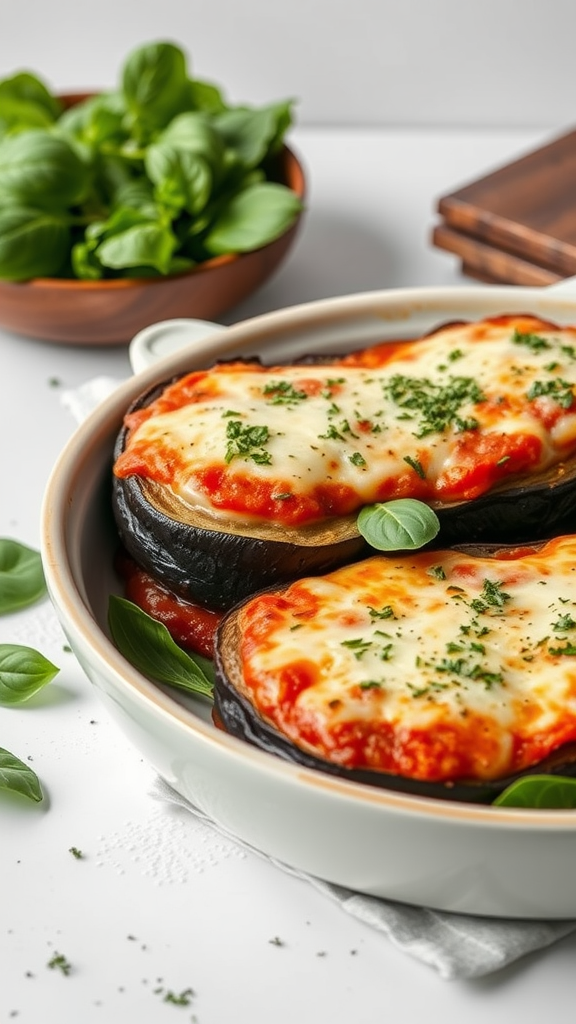 A dish of eggplant parmesan with spinach, topped with melted cheese and garnished with herbs, next to a bowl of fresh basil.