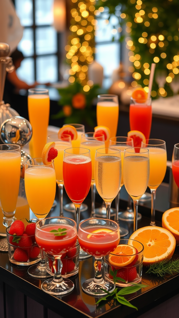 A beautifully arranged mimosa bar with colorful drinks and fresh fruits.