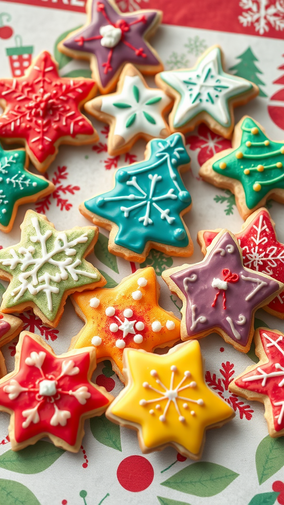 Colorful decorated Christmas cookies in various festive shapes