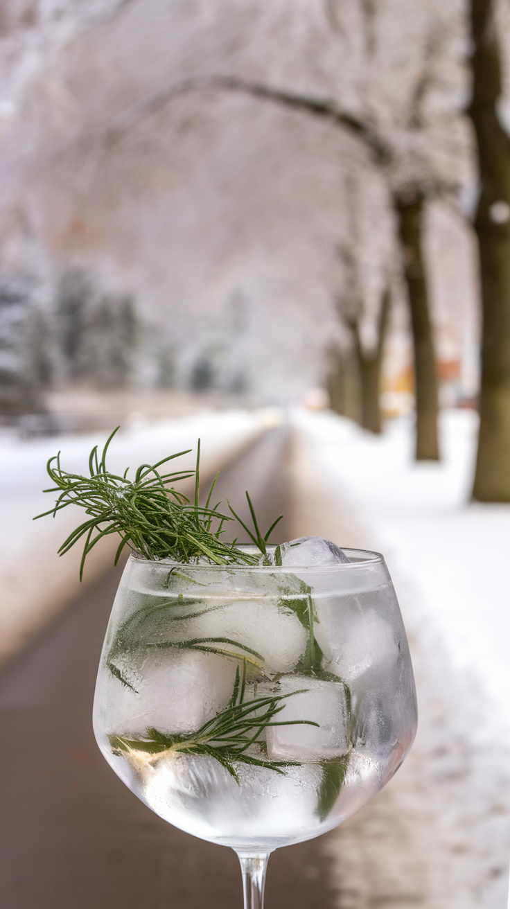 A beautifully garnished gin and tonic cocktail with herbs, set against a snowy background.