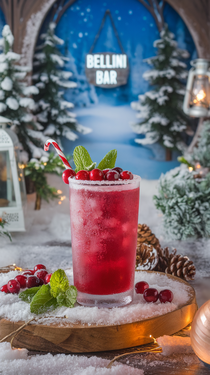 Frosted Cranberry Bellini with mint and cranberries on a wooden platter, set in a snowy background.