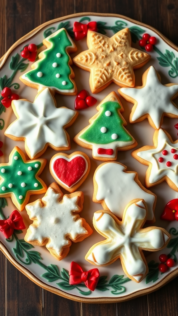 A beautifully decorated platter of frosted sugar cookies in holiday shapes like stars, trees, and snowflakes.