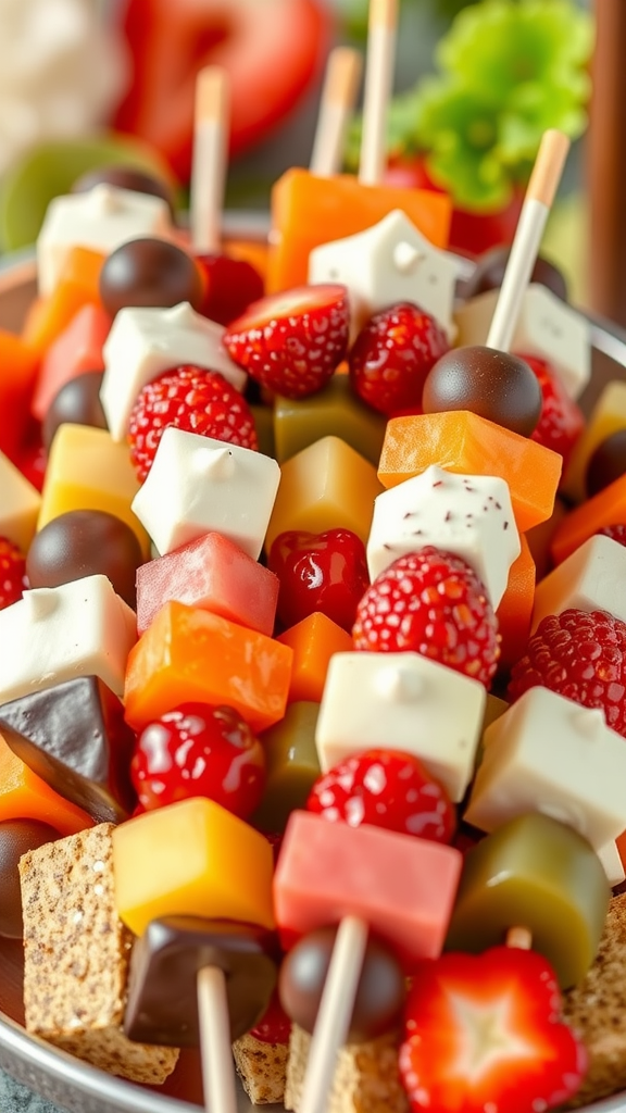 Colorful fruit and chocolate skewers arranged on a plate.