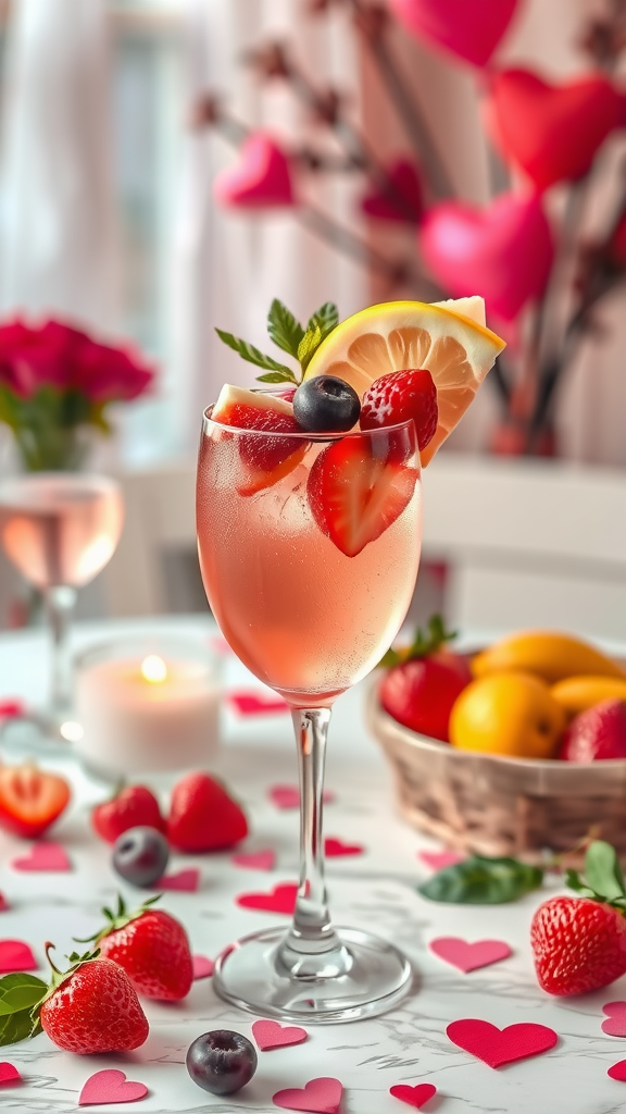 A beautiful Fruity Rose Sangaree cocktail with strawberries, blueberries, and lemon slices, surrounded by heart-shaped decorations.