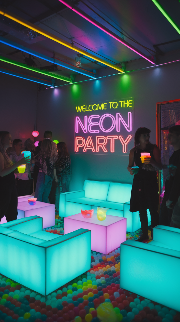 A vibrant glow party scene with neon lights, glowing furniture, and people enjoying colorful drinks.