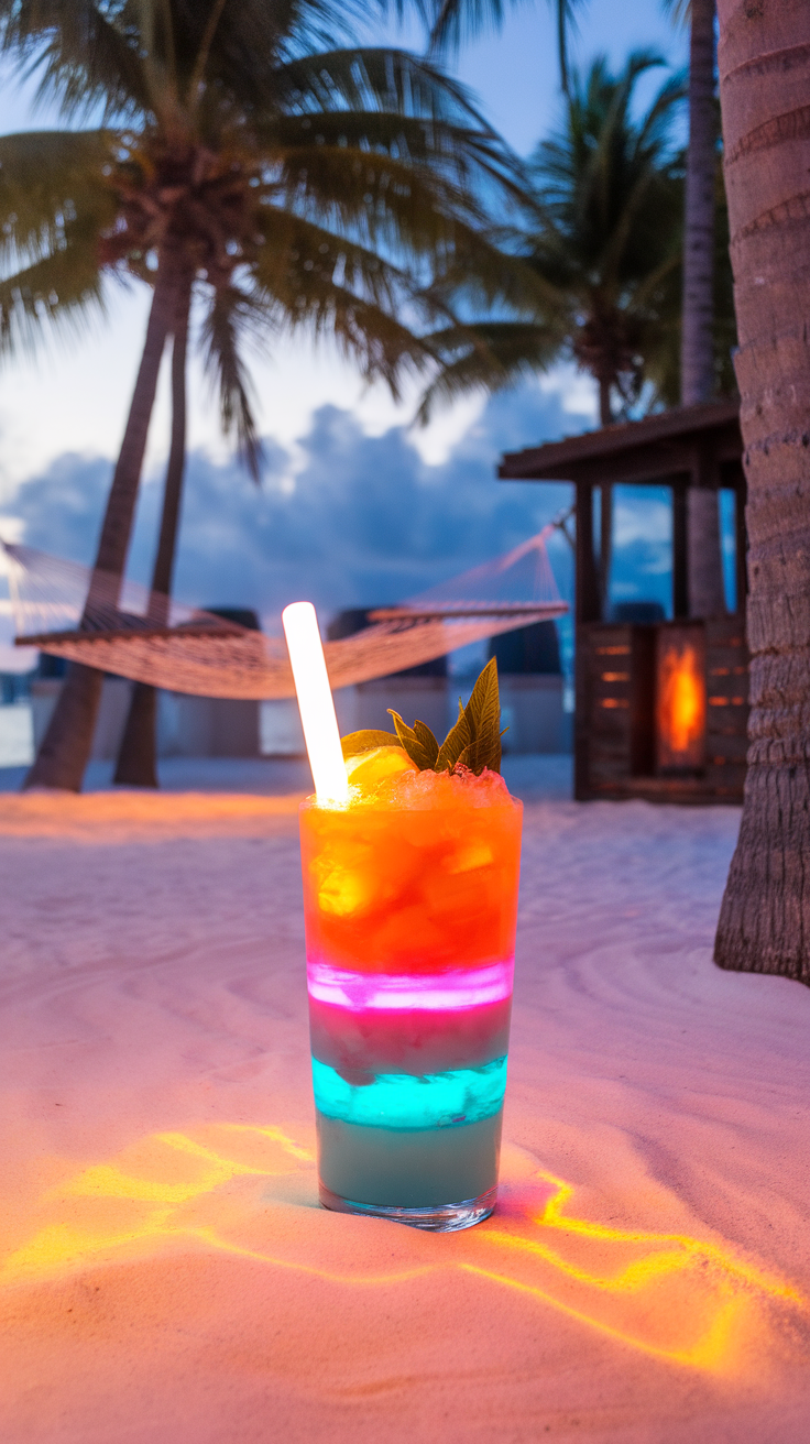 A colorful cocktail resembling a tequila sunrise with glow sticks, set against a beach background.