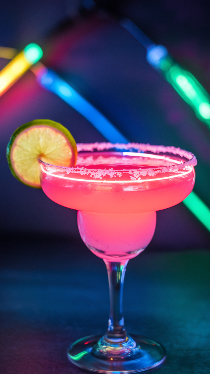 A glowing neon margarita with a slice of lime, surrounded by colorful neon lights.