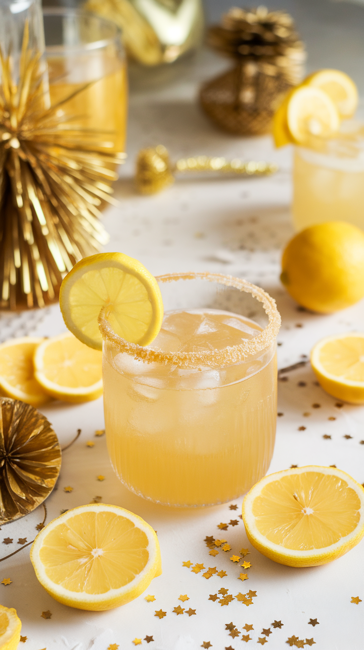 A refreshing Gold Lemon Drop Cocktail garnished with a lemon slice, surrounded by lemon slices and golden decorations.