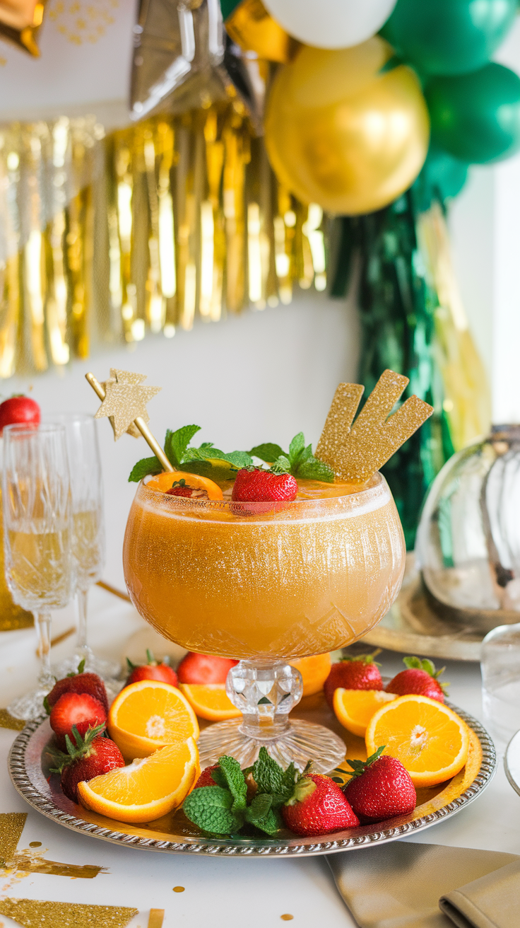 A sparkling golden punch bowl filled with fruit, garnished with mint leaves and decorative straws.