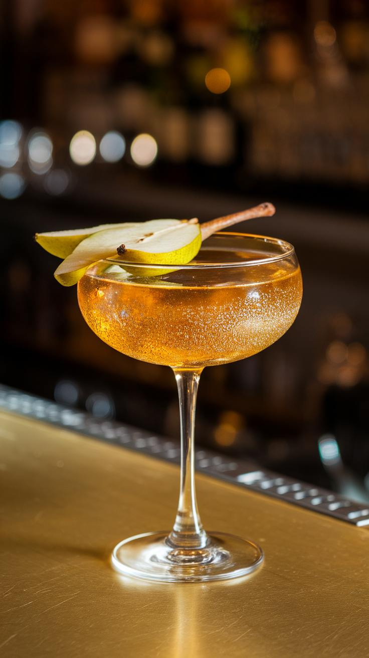 A beautifully crafted Golden Pear Martini with pear slices and a lemon in the background.