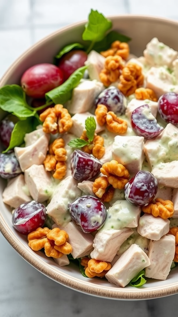 A bowl of Greek Yogurt Chicken Salad with grapes and walnuts, surrounded by fresh grapes.