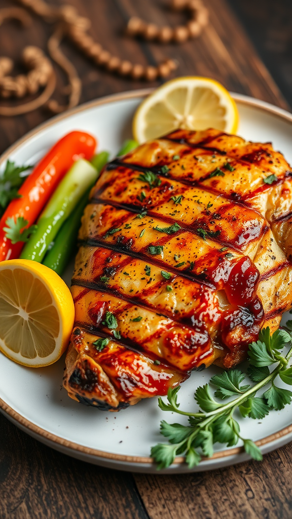 A plate of grilled lemon herb chicken garnished with lemon slices and served with colorful vegetables.