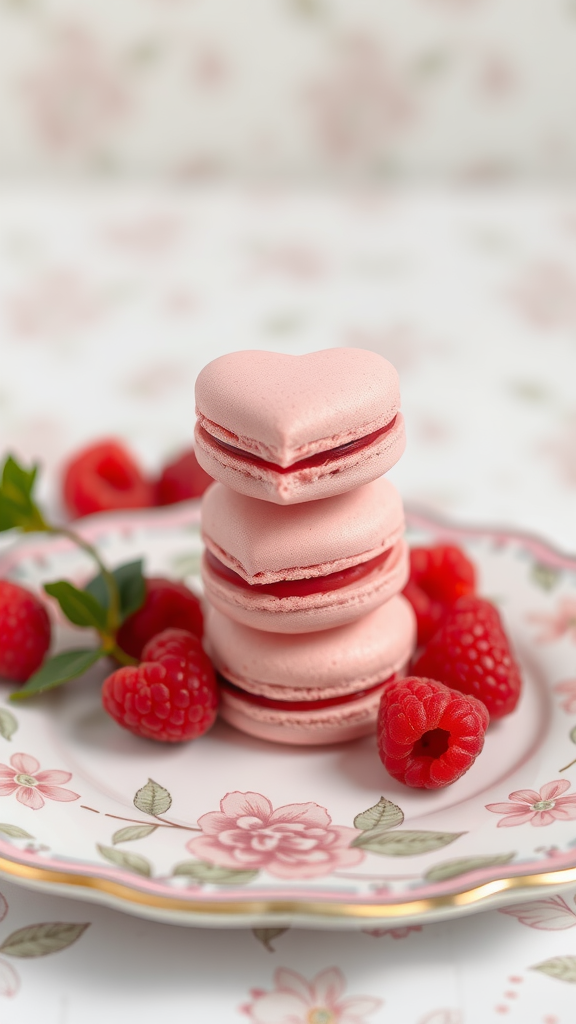 Heart-shaped raspberry macarons stacked on a decorative plate with fresh raspberries.