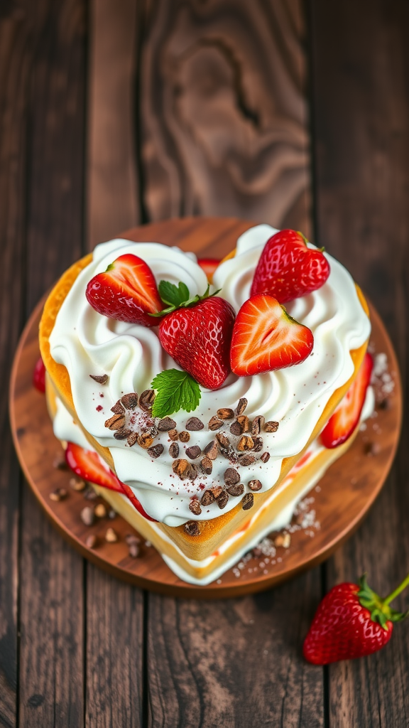 A heart-shaped strawberry shortcake topped with fresh strawberries and whipped cream.