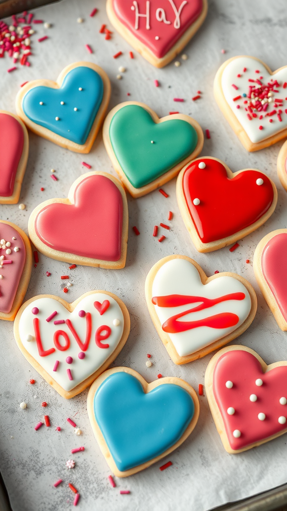 Delicious heart-shaped sugar cookies decorated with colorful icing and sprinkles