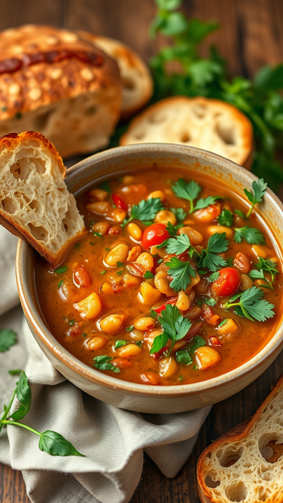 A bowl of hearty Mediterranean lentil soup topped with parsley, with bread on the side.