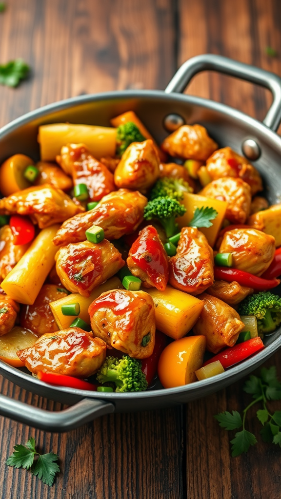 A colorful honey garlic chicken stir-fry with vegetables in a frying pan.