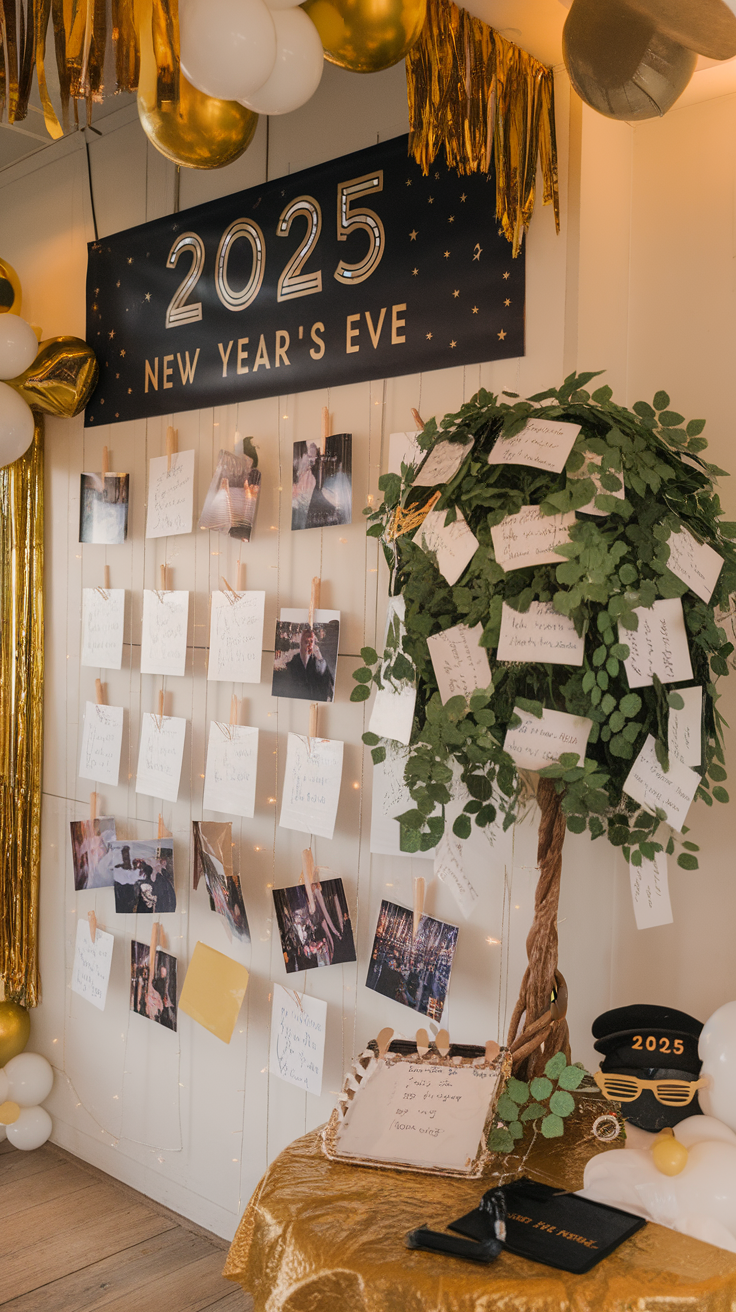 Decorative party setup with a wish tree and notes.