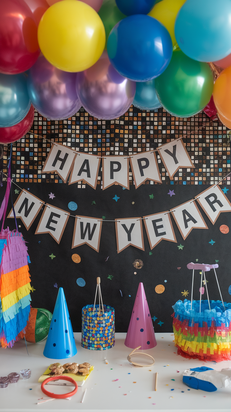 A joyful family celebrating New Year's with balloons and a countdown clock, featuring children playing and enjoying the festive atmosphere.