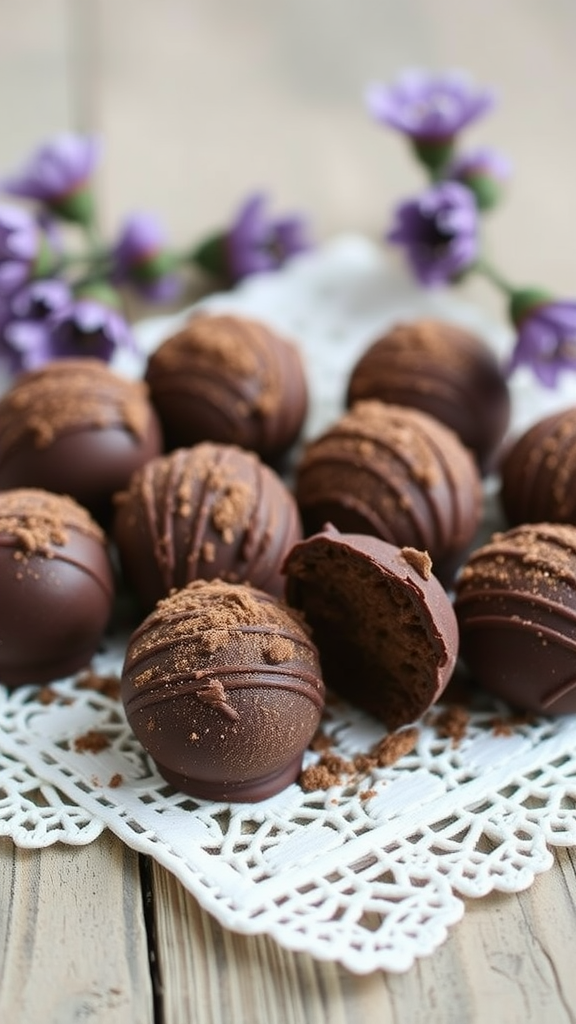 A collection of lavender chocolate truffles with cocoa powder on top, arranged on a lace doily.