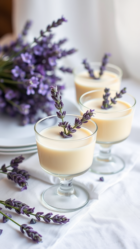 Lavender honey panna cotta served in glass cups with lavender sprigs.