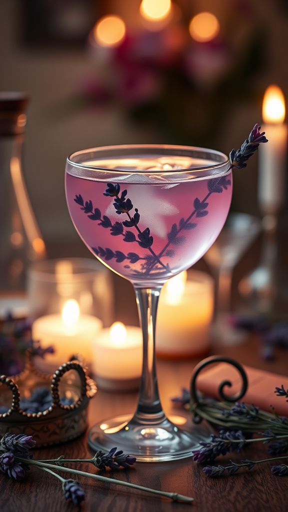 A cocktail glass filled with a pink drink garnished with lavender sprigs, surrounded by candles and lavender flowers.