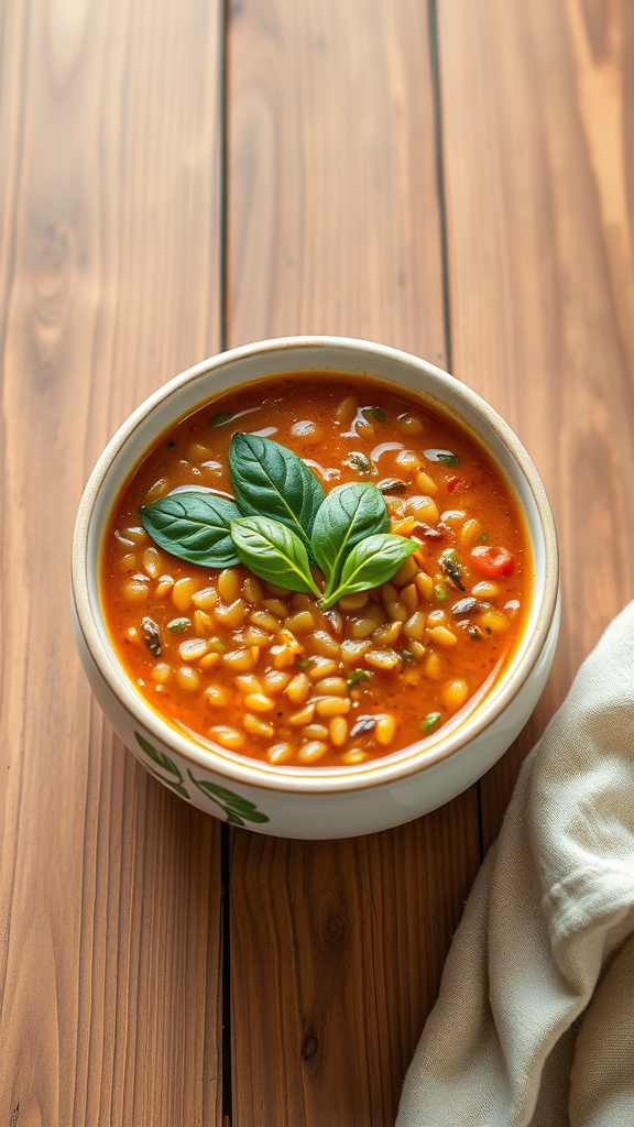 A bowl of lentil soup with colorful vegetables and spinach on a wooden table.