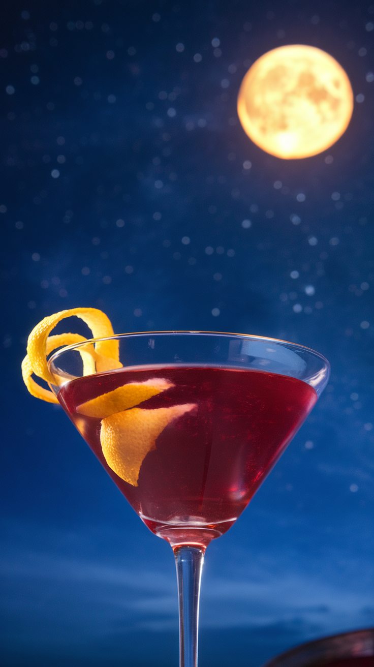 A stylish martini with a dark, swirling liquid, set against a starry background.