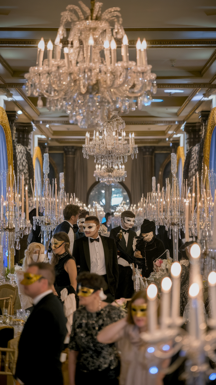 Elegant masquerade ball setting with guests in formal attire and masks, adorned with chandeliers.