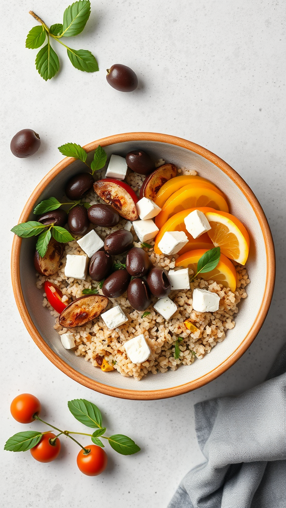 A colorful Mediterranean quinoa bowl with olives, feta cheese, and orange slices.