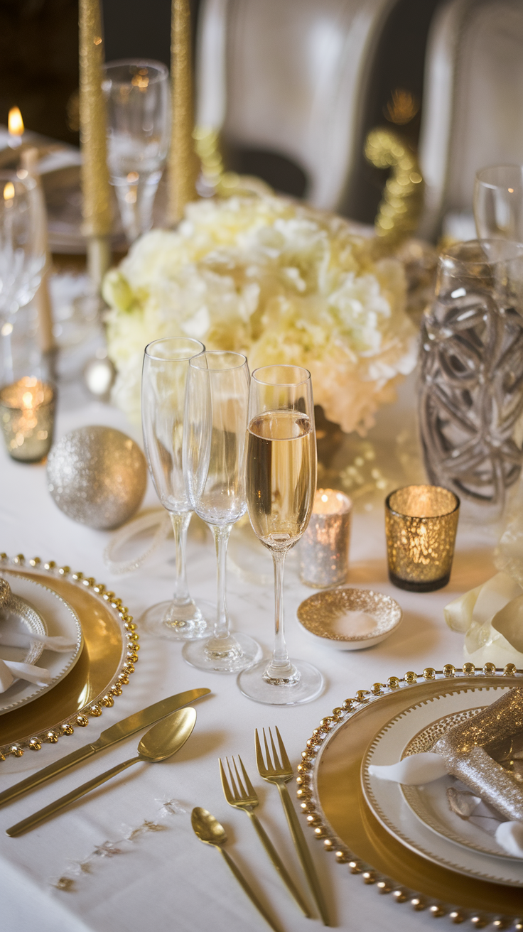 Elegant table setting featuring gold and silver decor, with flowers and candles.