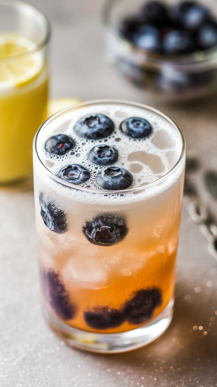 A close-up of a glass of Midnight Blueberry Fizz with blueberries floating on top.