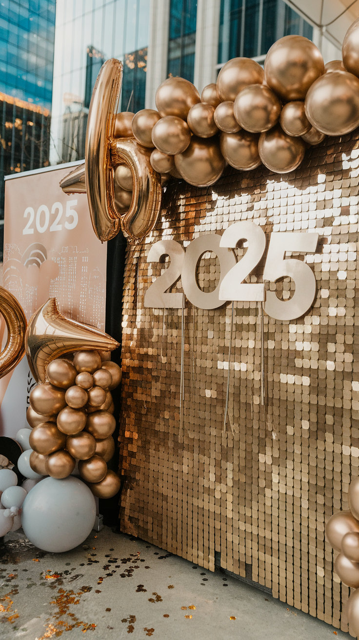 A festive photo booth with gold balloons and a shimmering backdrop for 2025.