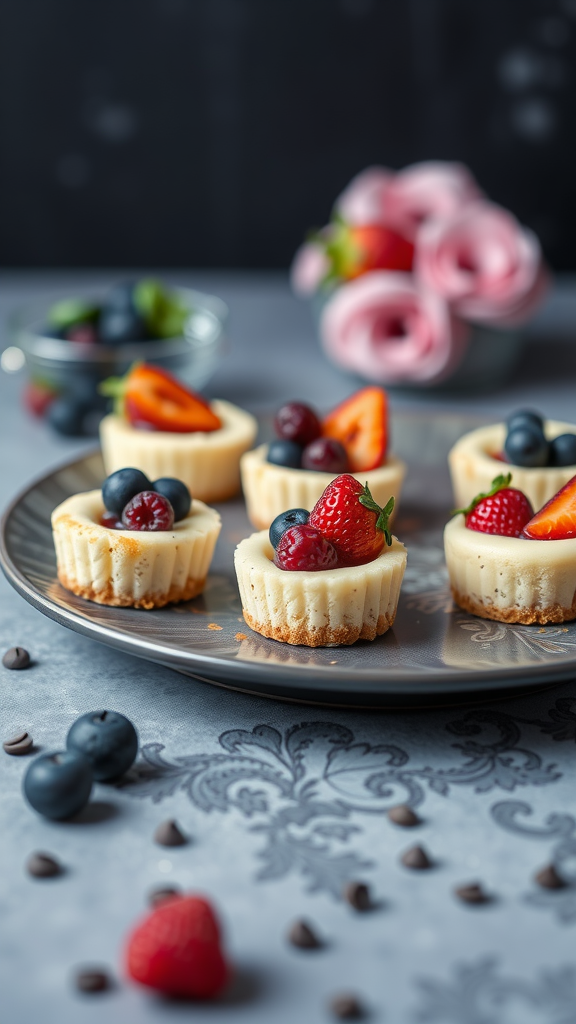 Delicious mini cheesecake bites topped with fresh berries, served on a decorative plate