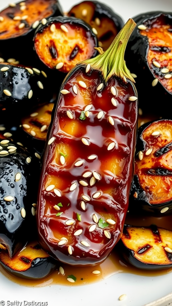 Miso glazed eggplants topped with sesame seeds