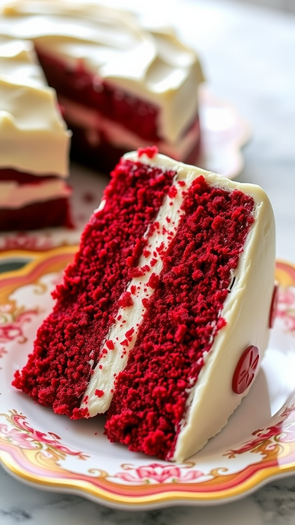 Slice of moist red velvet cake with cream cheese frosting on a decorative plate