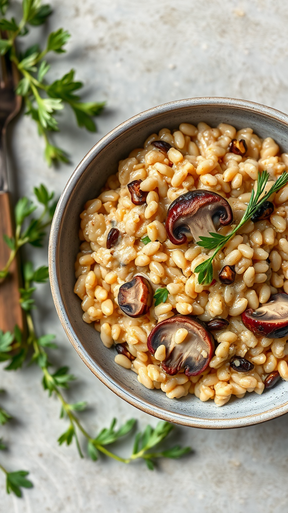 A bowl of creamy mushroom and barley risotto topped with herbs