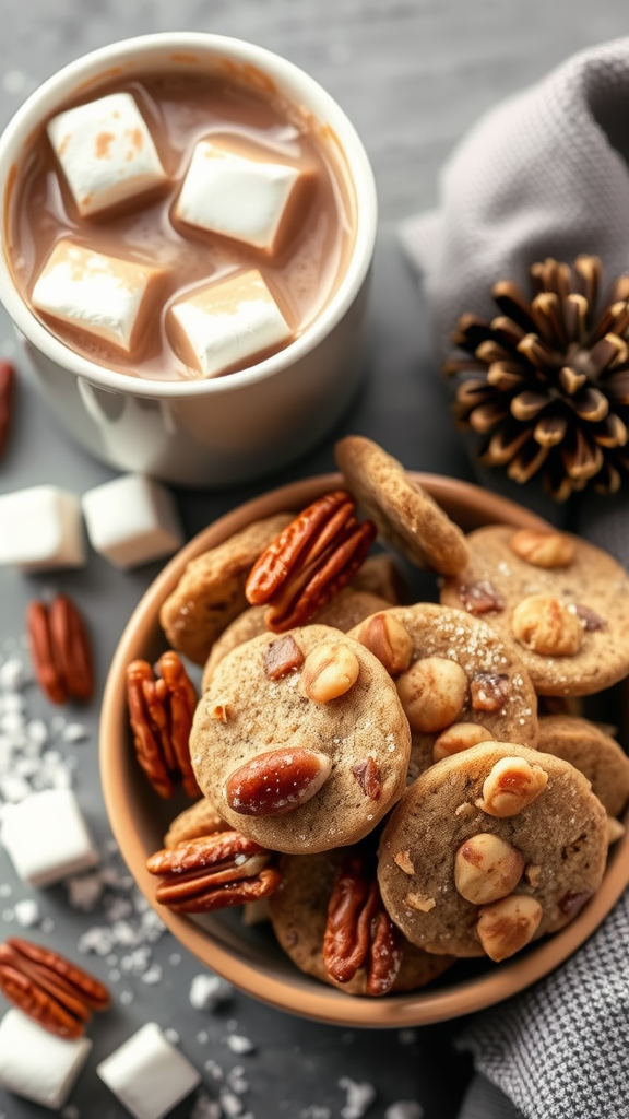 A bowl of Nutty Pecan Sandies cookies next to a mug of hot chocolate with marshmallows.