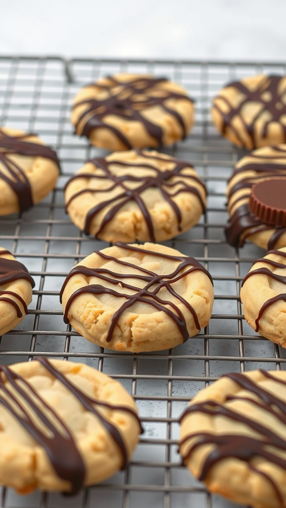 Delicious peanut butter cup cookies with chocolate drizzle on a cooling rack.